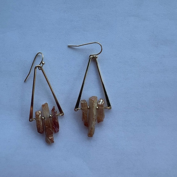 Gold Tone Geometric Earrings with genuine quartz stones fish hook back - Picture 3 of 5